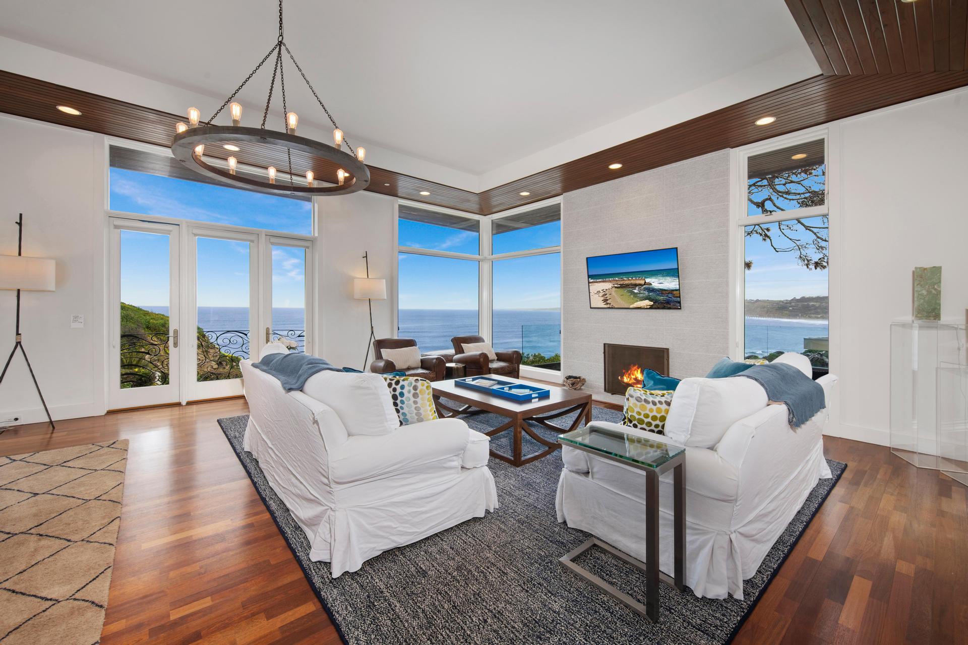 Great room fireplace and ocean-view seating